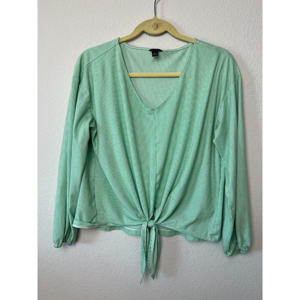 Ann Taylor Green Striped V-Neck Long Sleeve Blouse Top Women's Size Medium